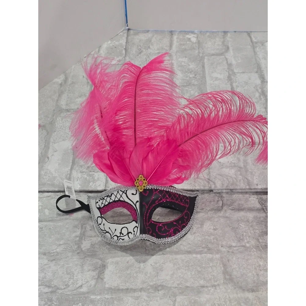 Masquerade Half Masks Black‎ Silver Pink Feathers Lot of 2 Adult NWT